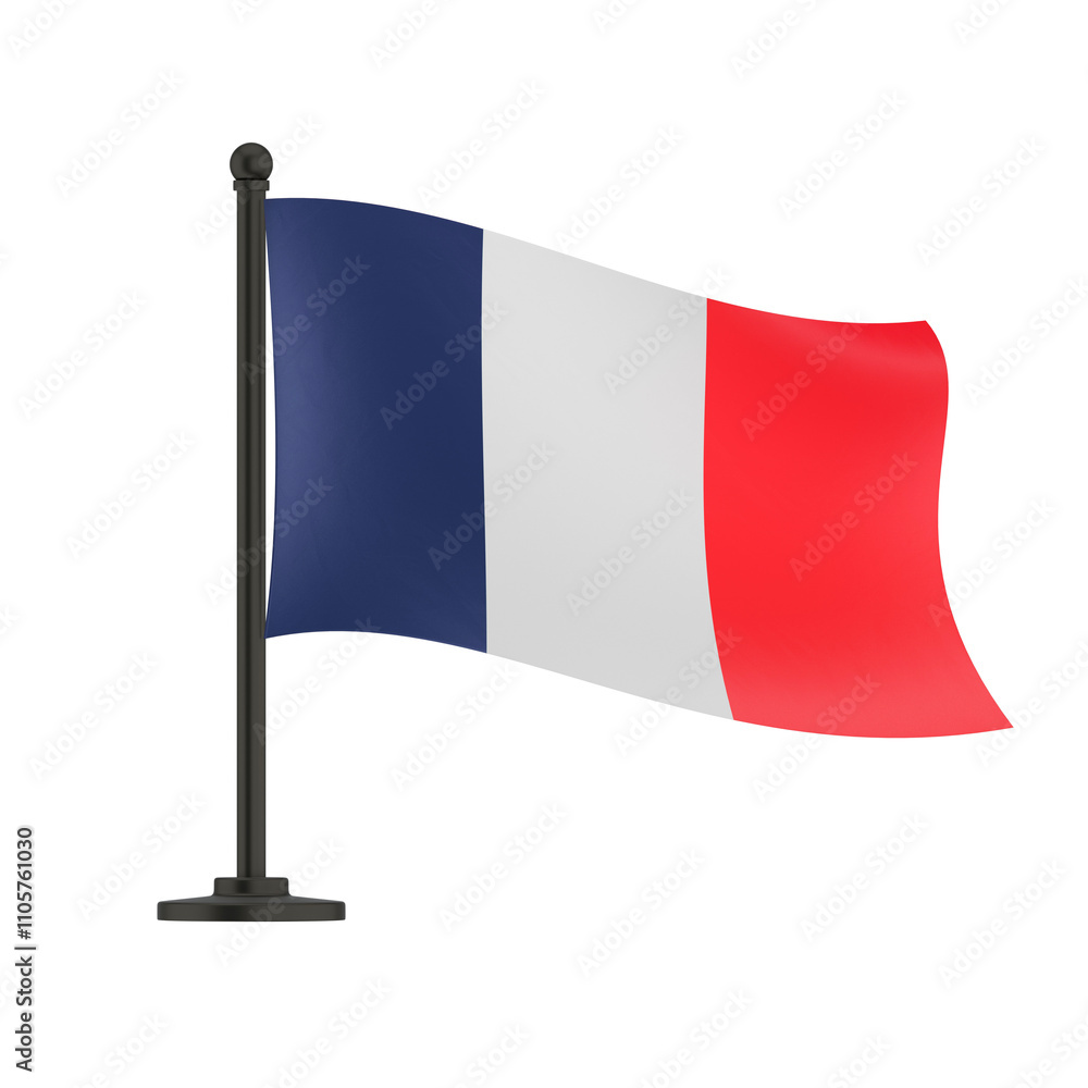 French flag on a pole isolated on transparent background, png file French flag on a pole isolated on transparent background, png file