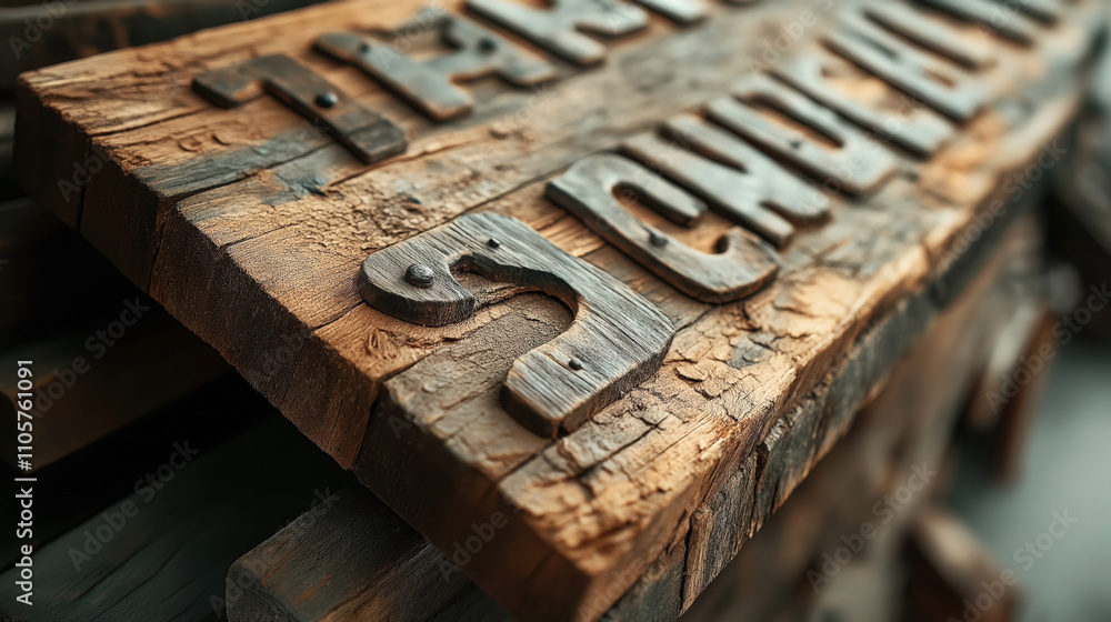 Close-up of carved wooden letters on a textured, weathered wooden plank with a rustic appearance, featuring visible grain and age cracks. Close-up of carved wooden letters on a textured, weathered wooden plank with a rustic appearance, featuring visible grain and age cracks.