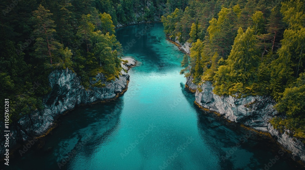 Serene Aerial View of Crystal Clear River Surrounded by Lush Green Trees and Rocky Shores in a Peaceful Nature Landscape Serene Aerial View of Crystal Clear River Surrounded by Lush Green Trees and Rocky Shores in a Peaceful Nature Landscape