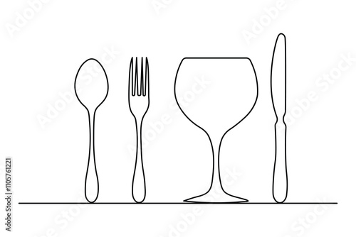 knife and fork continuous one line art drawing of concept doodle style outline vector design