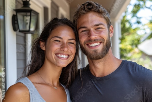 A happy couple smiles joyfully outside their newly acquired home, showcasing their excitement and the strong bond they share as they embark on a fresh chapter together.