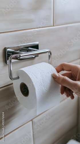 A person is holding the end of toilet paper in their hand and placing it into an open metal holder on the wall