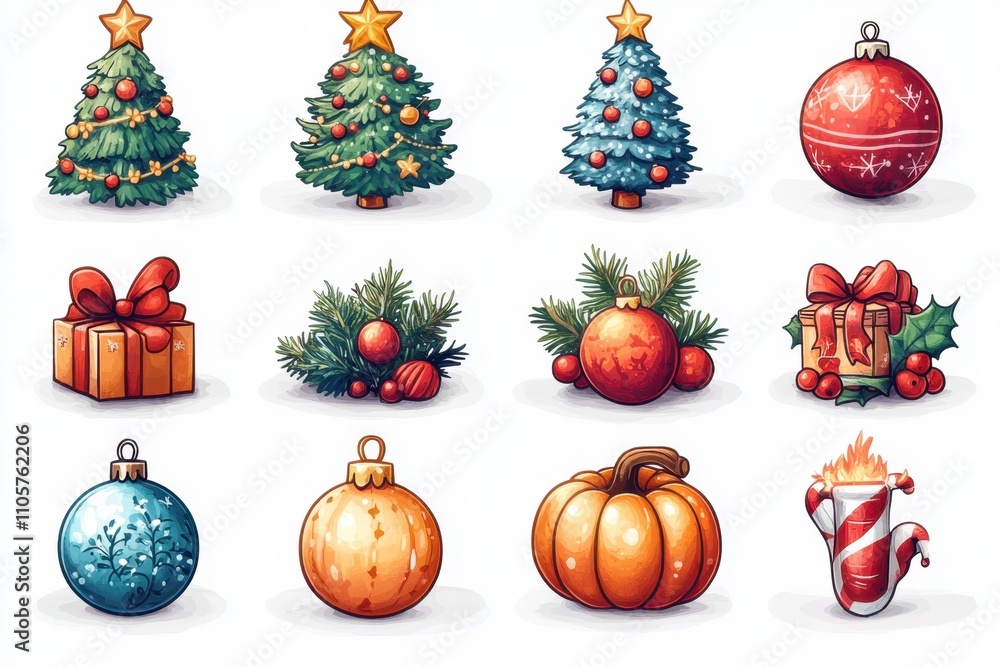 A set of various random holiday icons in full detail, isolated on a transparent background The collection includes a variety of Christmas trees, pumpkins, and firecrackers, each with vivid colors