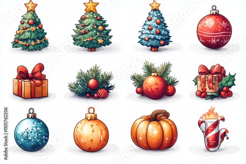 Obraz na płótnie A set of various random holiday icons in full detail, isolated on a transparent background The collection includes a variety of Christmas trees, pumpkins, and firecrackers, each with vivid colors w salonie