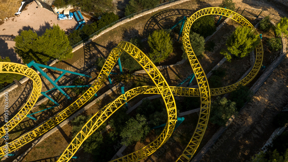 Aerial view of the iron structures of a roller coaster. Aerial view of the iron structures of a roller coaster.