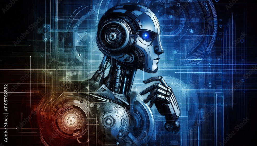 robot in profile on an abstract dark blue background robot in profile on an abstract dark blue background