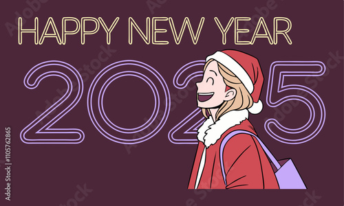 Download Young Woman With Blonde Hair Wearing A Red Santa Claus Costume And Smiling, "Happy New Year 2025"  . This Design Concept Isolated Premium Vector. 