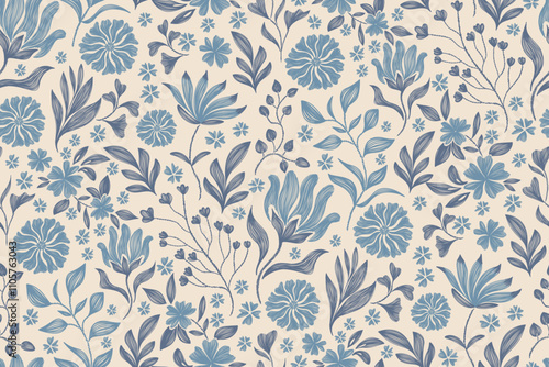 Vintage floral ethnic tapestry modern embroidery texture boho design vector illustration hand drawn silhouette indigo blue flower motif branches leaves wallpaper seamless background border.