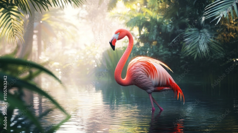 Fototapeta premium Vibrant Flamingo Standing Gracefully in a Lush Tropical Environment Surrounded by Greenery and Reflective Water Under a Soft Misty Light