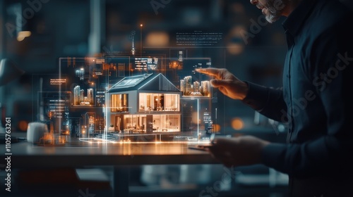 Innovative cyberbroker engages with hightech real estate presentation in a futuristic urban environment showcasing vision of smart living solutions