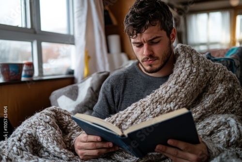 A man is deeply engaged in reading a book while wrapped in a thick, knitted blanket, showcasing comfort and tranquility in a cozy indoor setting.