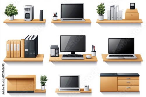 A set of various random office icons in full detail, isolated on a transparent background The collection includes a variety of desks, laptops, and office supplies, each with vivid colors and 