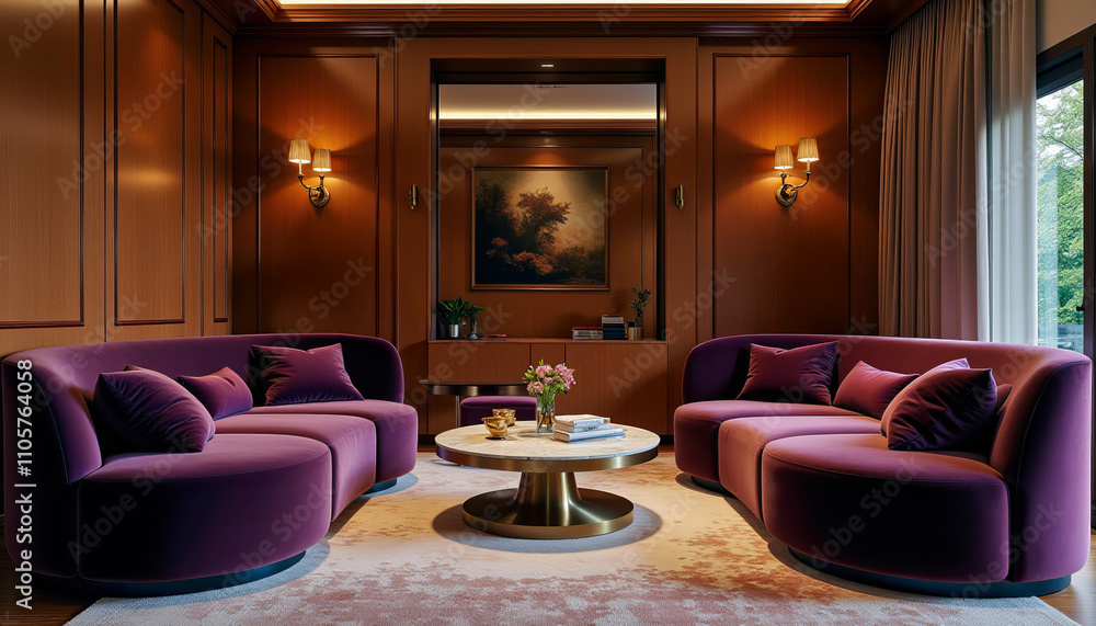 Elegant living room featuring plush purple sofas and warm wooden walls, creating a luxurious and inviting atmosphere. Elegant living room featuring plush purple sofas and warm wooden walls, creating a luxurious and inviting atmosphere.