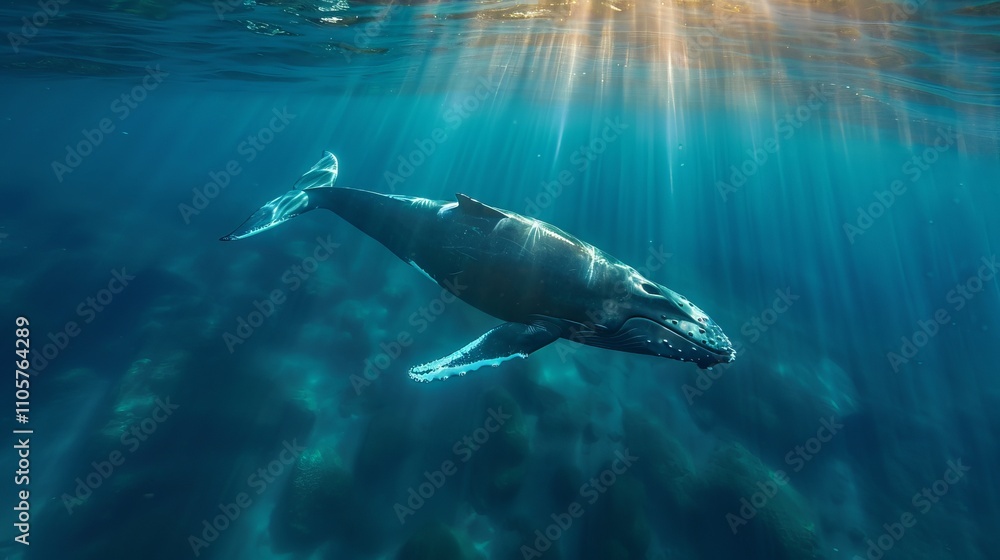 A high-perspective view of a majestic sperm whale swimming gracefully in clear blue ocean waters under a pinkish hue of sunlight. A high-perspective view of a majestic sperm whale swimming gracefully in clear blue ocean waters under a pinkish hue of sunlight.