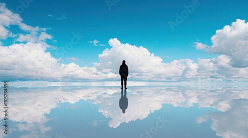 Surreal reflection of a solitary figure on the expansive salar de uyuni salt flats bolivia nature photography dreamlike environment wide-angle view conceptual artistry