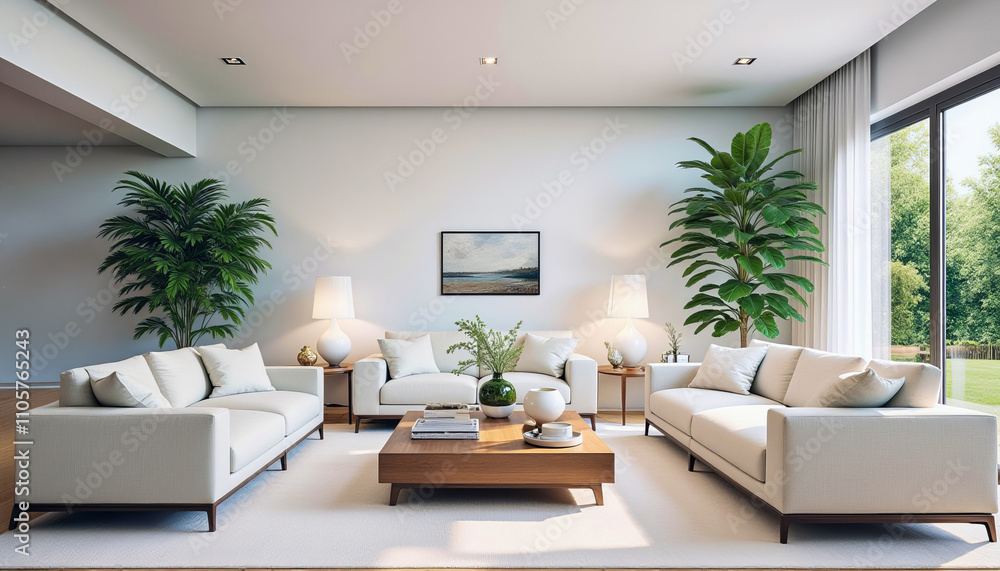 Fototapeta premium Modern living room with white sofas, large plants, and natural light creating a serene and inviting atmosphere.