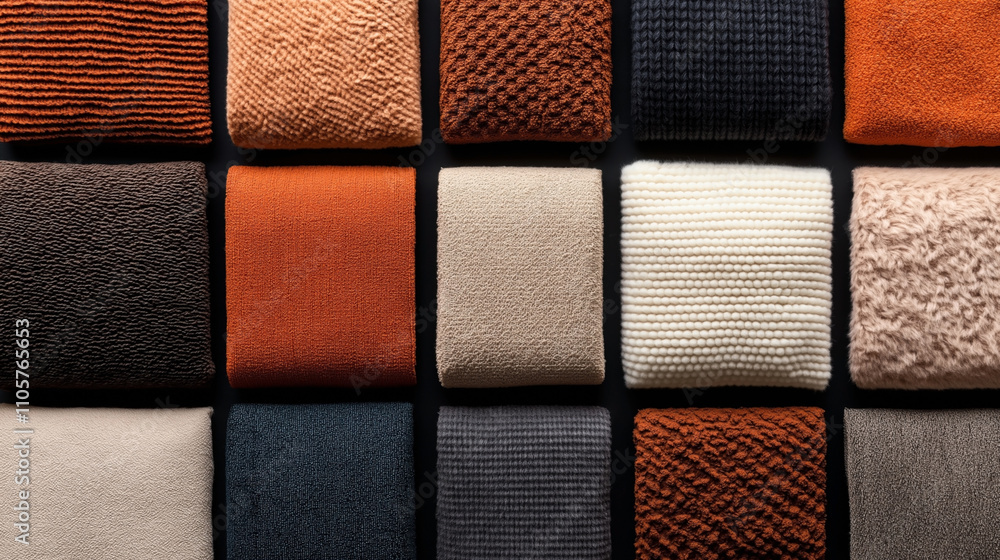 Fototapeta premium Collection of various textured fabric samples in different colors, arranged in a square grid with a focus on textures and patterns
