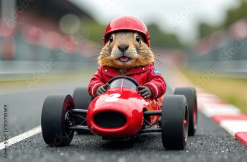 A groundhog dressed in a racing car driver's uniform, sitting inside a toy race car on a racetrack. Happy groundhog day photo