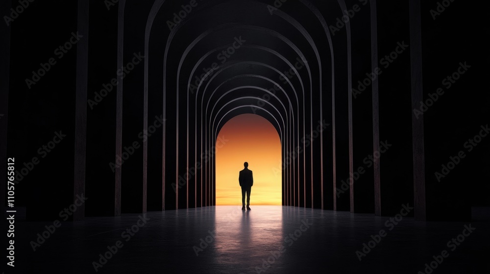 A silhouette standing in a dark archway, illuminated by a vibrant sunset backdrop. A silhouette standing in a dark archway, illuminated by a vibrant sunset backdrop.