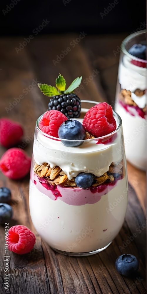 Close-up of a Summer berries yogurt fool dessert on a wooden table with copy space. Close-up of a Summer berries yogurt fool dessert on a wooden table with copy space.