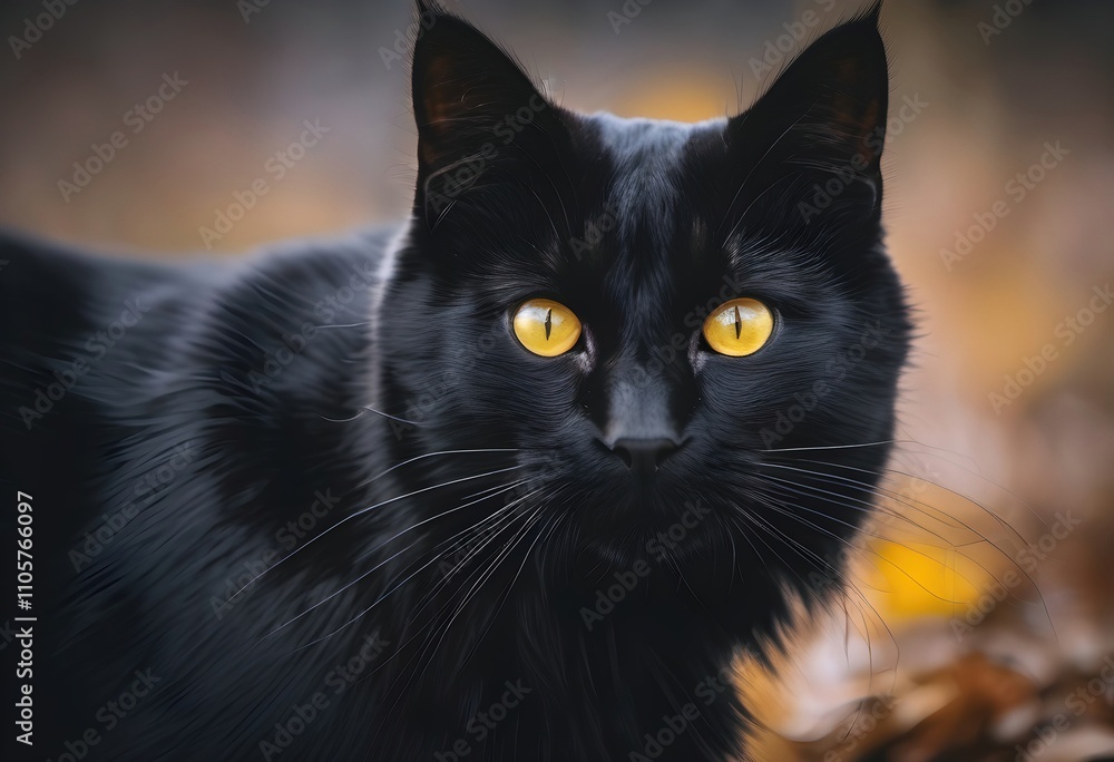 Black cat with expressive yellow eyes close-up on blurred background Black cat with expressive yellow eyes close-up on blurred background