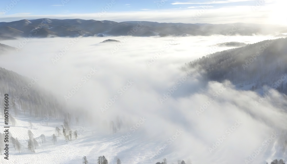 Obraz premium Snowy Mountain Scene with Cloud and Fog at High Altitude.