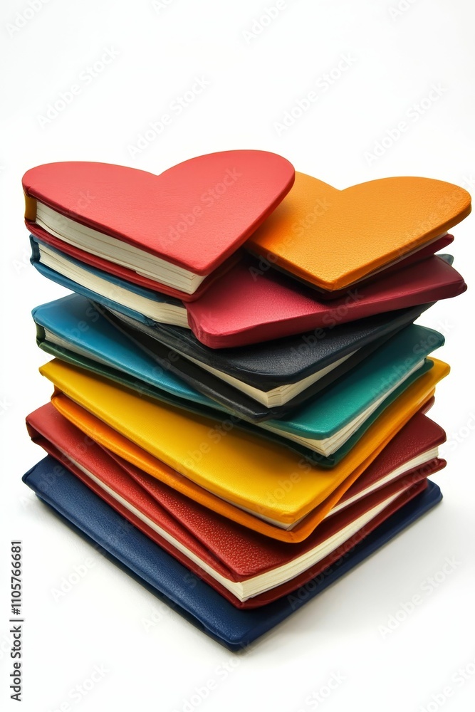 Colorful notebooks stacked, heart-shaped tops. Colorful notebooks stacked, heart-shaped tops.