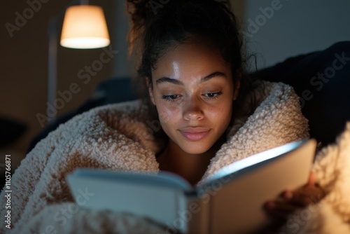 A young woman reads a large book, illuminated by a soft lamp, wrapped in a fluffy blanket, representing a quiet evening filled with discovery and relaxation in a cozy setting.