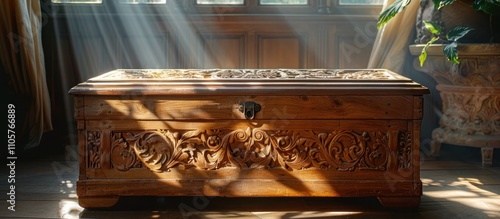 Beautifully crafted antique wooden chest with intricate carved floral and leaf designs sitting in a sunlit interior space with classic furniture and decor