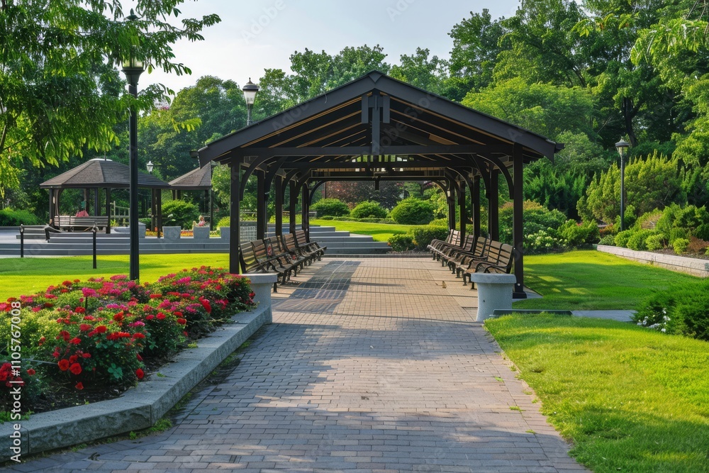 Serene Park with Pavilions and Lush Landscapes Serene Park with Pavilions and Lush Landscapes