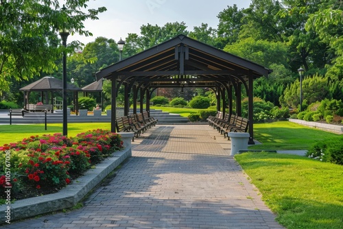 Serene Park with Pavilions and Lush Landscapes