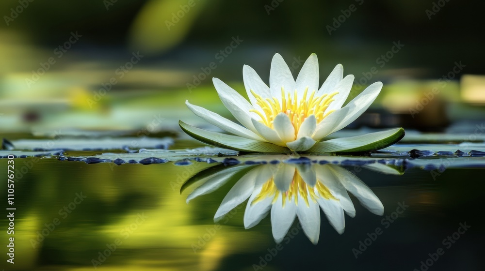 A macro shot of a water lily floating gracefully in a still pond, reflecting its image