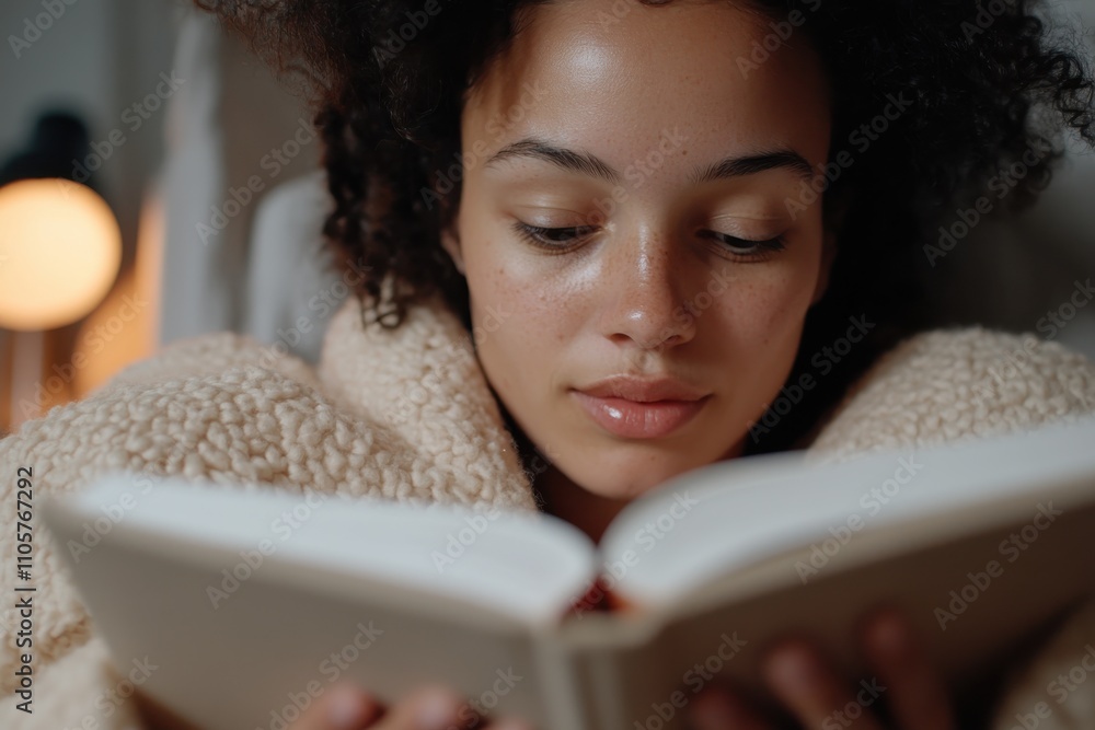 A young woman with beautiful curly hair is seen reading a book while wrapped in a soft blanket, symbolizing relaxation and the joy of diving into literature at home. A young woman with beautiful curly hair is seen reading a book while wrapped in a soft blanket, symbolizing relaxation and the joy of diving into literature at home.
