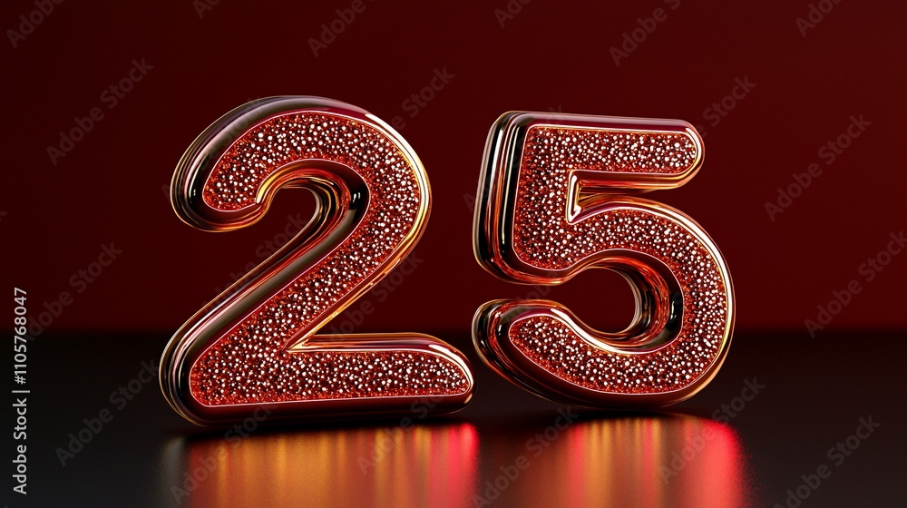 3D rendered, textured, copper-colored numbers 25 on dark background with reflections. 3D rendered, textured, copper-colored numbers 25 on dark background with reflections.