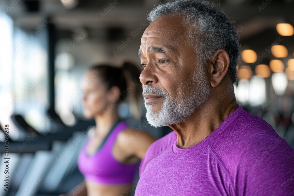 An older man focuses on his workout while a woman exercises in the background, showcasing camaraderie and active living among seniors in a fitness environment. An older man focuses on his workout while a woman exercises in the background, showcasing camaraderie and active living among seniors in a fitness environment.