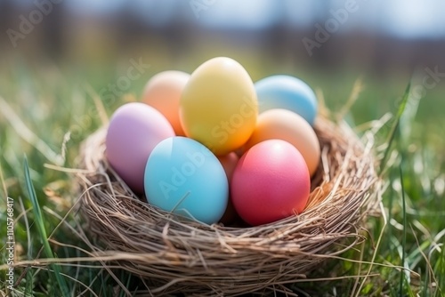 Bright easter card featuring pastel colored eggs on grass with sunlight and text space