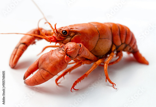 A bright red crayfish rests on white background. photo