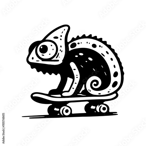 Chameleon on a skateboard, simple doodle, funny vector illustration