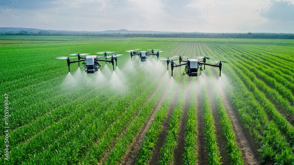 Drones spraying fertilizer over green cornfield for precision agriculture Drones spraying fertilizer over green cornfield for precision agriculture