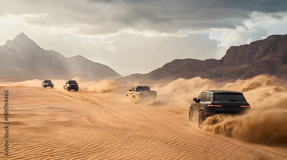 Action Sequence of Vehicles Driving Through a Stormy Desert Landscape with Sand Swirls and Dramatic Clouds in the Background Action Sequence of Vehicles Driving Through a Stormy Desert Landscape with Sand Swirls and Dramatic Clouds in the Background