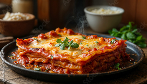 Delicious cheesy lasagna sits on rustic wooden plate.