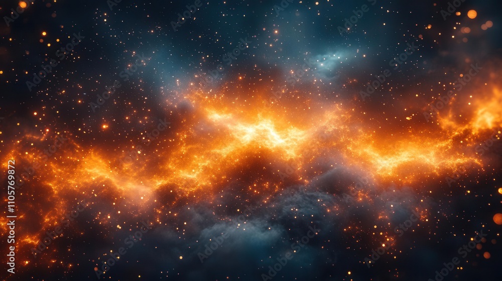 Cosmic supernova bursts with glowing orange and teal particles and smoky edges Cosmic supernova bursts with glowing orange and teal particles and smoky edges