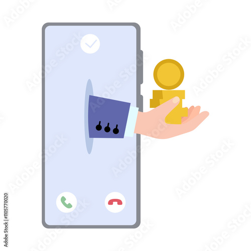 Hand with coins in phone. Payment by phone. Vector simple color flat illustration.