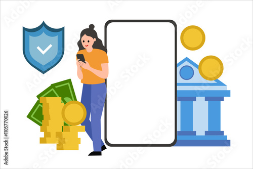 Bank account balance. Girl with phone. Vector simple color flat illustration.