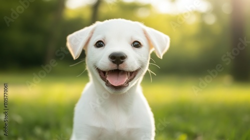 A cheerful white puppy smiles in a sunlit park, surrounded by soft grass and a warm, inviting atmosphere.