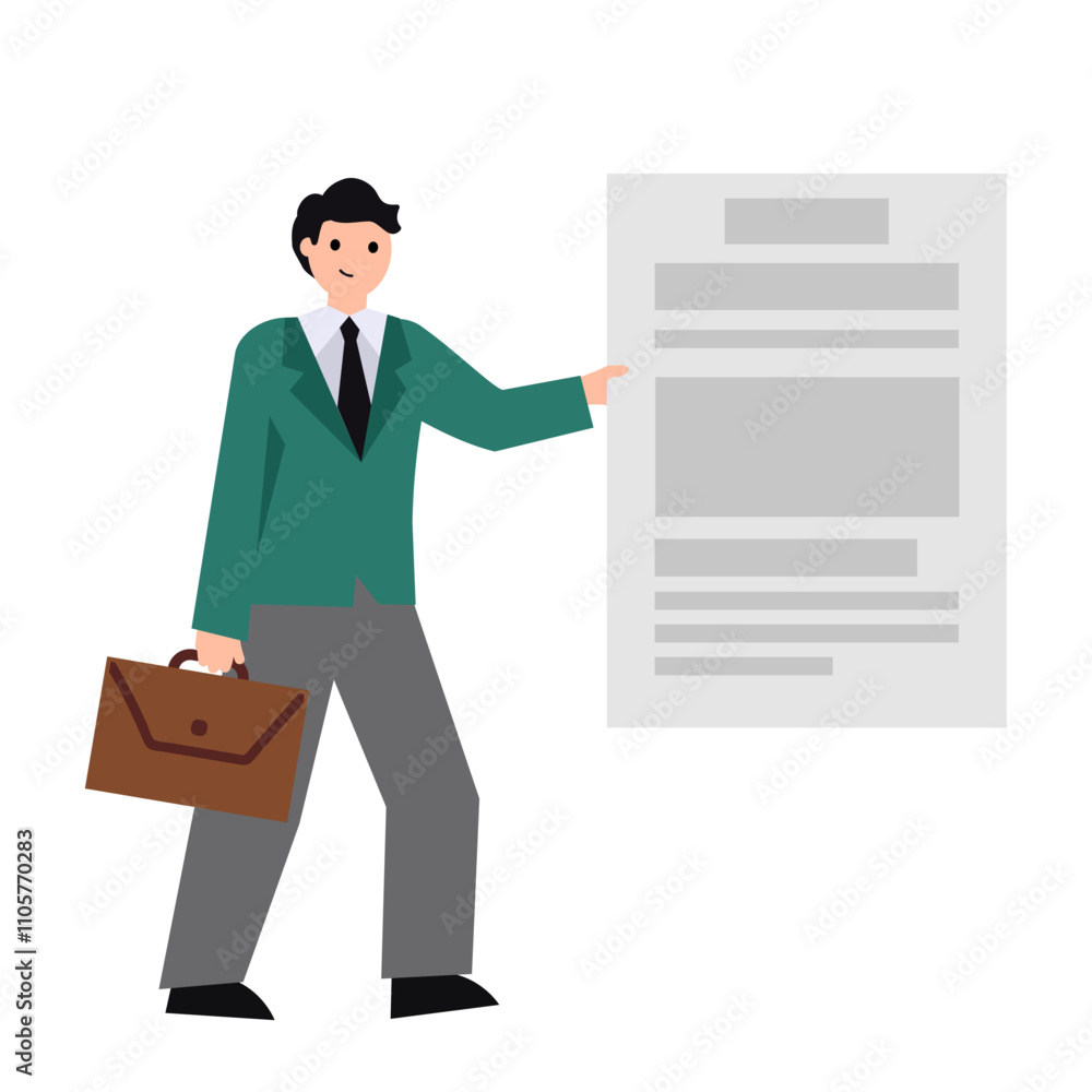 Obraz premium Businessman with a document. Vector simple color flat illustration.