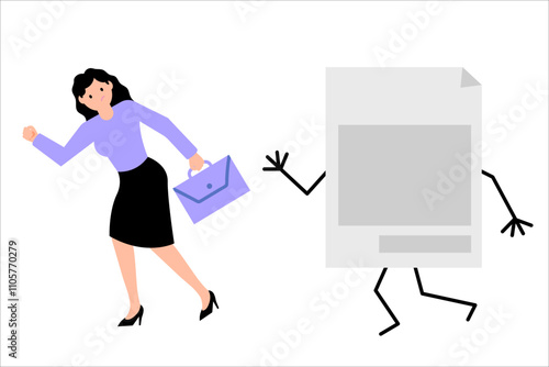Business woman runs away from a document, work. Vector simple color flat illustration.