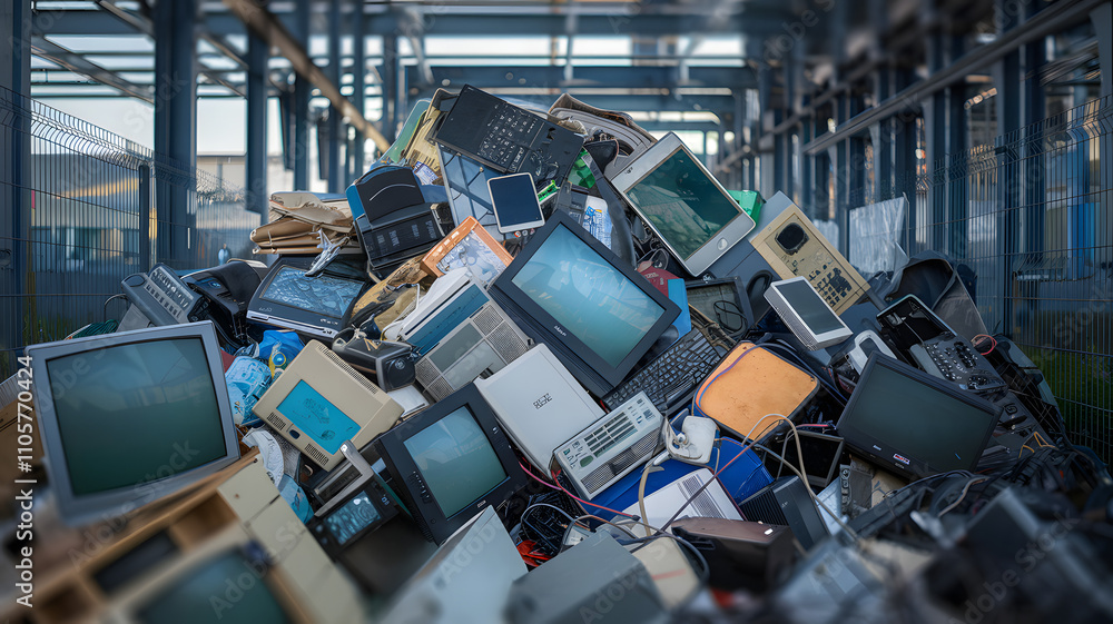 Electronic waste pile of discarded computer monitors, keyboards, and other electronic devices, symbolizing the growing issue of e-waste and the need for sustainable technology solutions. Electronic waste pile of discarded computer monitors, keyboards, and other electronic devices, symbolizing the growing issue of e-waste and the need for sustainable technology solutions.