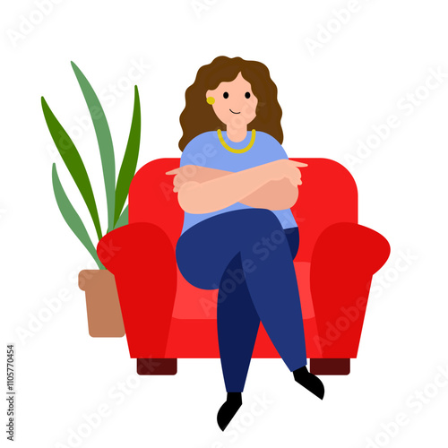 Woman sits in a red armchair, a houseplant. Vector simple color flat illustration.