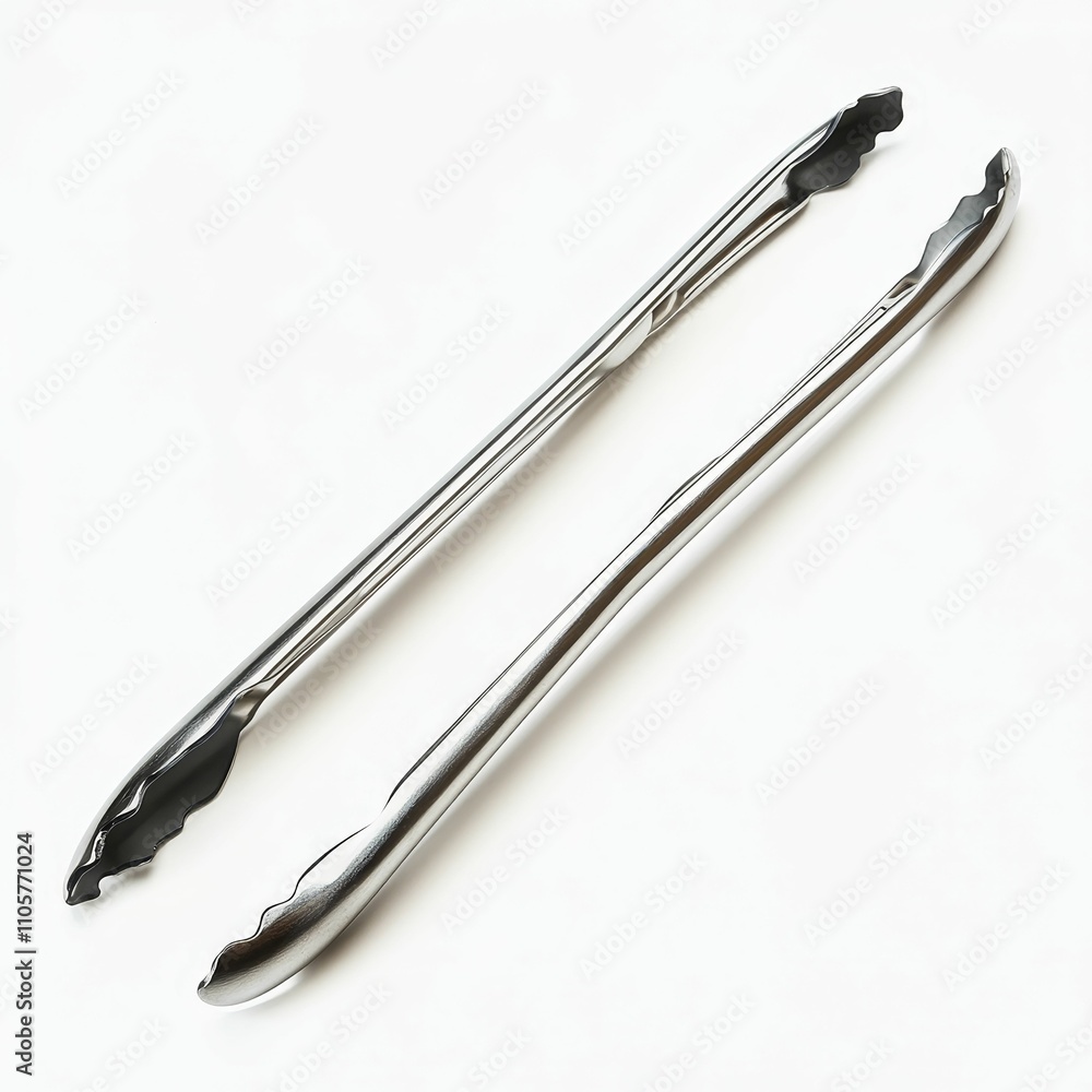 Silver tongs; kitchen utensil; gripping food. Silver tongs; kitchen utensil; gripping food.